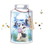  barefoot blue_eyes blue_hair bottle bottle_miku bouquet character_name floating_hair flower hair_ribbon hatsune_miku hydrangea in_bottle in_container liquid_hair long_hair looking_at_viewer mca_(dessert_candy) name_tag open_mouth ribbon school_uniform serafuku sitting skirt solo submerged twintails very_long_hair vocaloid water white_background 
