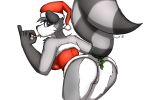  2018 anthro blue_eyes bottomless butt christmas clothed clothing female fur grey_fur hat holidays mammal mistletoe plant presenting presenting_hindquarters presenting_pussy procyonid pussy raccoon raised_tail simple_background solo winter_(artist) 