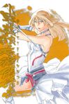  1girl blonde_hair blue_eyes japanese lipstick looking_at_viewer makeup official_art sekigan_juu_mitsuyoshi solo sword tetsuro_ueyama thighhighs translation_request ueyama_tetsuro weapon 