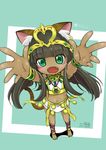  1girl animal_ears anklet bastet_(p&amp;d) blush bracelet brown_hair cat_tail dark_skin egyptian fangs feet from_above green_eyes hands hands_up jewelry looking_up lots_of_jewelry midriff necklace open_mouth puzzle_&amp;_dragons tail 