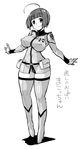  1girl absurdres ahoge bob_cut breasts greyscale harada_makoto highres large_breasts looking_at_viewer monochrome nikusho skin_tight smile solo standing thighhighs translation_request uchuu_senkan_yamato uchuu_senkan_yamato_2199 uniform 