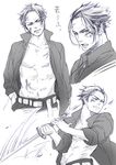 1boy chest dracule_mihawk looking_at_viewer male male_focus monochrome one_piece open_clothes open_shirt sassaman shirt simple_background sketch sword weapon young younger 