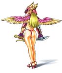  1girl ass blonde_hair character_request helmet high_heels looking_at_viewer looking_back sekigan_juu_mitsuyoshi simple_background solo sword thong ueyama_tetsuro weapon white_background wings 