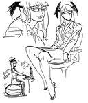  ball bb_(baalbuddy) bespectacled bouncing chair exercise_ball formal glasses greyscale head_wings high_heels jacket keyboard_(computer) long_hair monitor monochrome morrigan_aensland multiple_views office_chair office_lady one_eye_closed pencil_skirt sitting sketch skirt skirt_suit suit vampire_(game) 