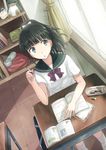  bad_id bad_pixiv_id black_eyes black_hair book desk long_hair original ponytail school_uniform serafuku solo yakka 