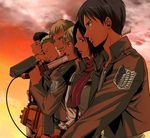  5boys armin_arlert bad_id bad_pixiv_id bertolt_hoover black_hair blonde_hair brown_hair emblem eren_yeager group_picture group_profile jacket jean_kirchstein lineup mikasa_ackerman multiple_boys paradis_military_uniform profile reiner_braun ren_(calmingsignal) shingeki_no_kyojin survey_corps_(emblem) sword weapon 