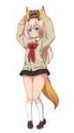  animal animal_ears animal_on_head blonde_hair blush cardigan elin_(tera) fox_ears fox_tail full_body green_eyes kanya_pyi kneehighs loafers long_hair on_head school_uniform shoes simple_background skirt smile solo tail tera_online white_background white_legwear 