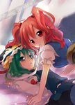  arm_support blush cover cover_page green_hair grey_eyes hair_bobbles hair_ornament hat looking_at_viewer lying mouth_hold multiple_girls nagaro on_bed onozuka_komachi open_mouth red_eyes red_hair ribbon shiki_eiki touhou two_side_up yuri 