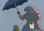 dinosaur duo feral godzilla godzilla_(series) grocery_bag hi_res holding_object holding_umbrella kaiju male monsterverse muscular open_mouth raining reptile ruubeszdraws scales scalie simple_background size_difference spikes spikes_(anatomy) spines toho umbrella wet