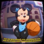 angelauxes anthro ball basketball_(ball) black_body dialogue disney english_text eyelashes female holding_object mammal minnie_mouse mouse murid murine pupils rodent short_stack solo text thick_thighs