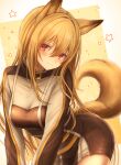  1girl 3_(sanyako1) :3 animal_ears arknights breasts brown_hair ceobe_(arknights) closed_mouth commentary dog_ears dog_girl dog_tail fang heart highres long_hair long_sleeves looking_at_viewer red_eyes smile solo star_(symbol) tail very_long_hair 