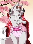 2023 5_fingers amaterasu_(okami) anthro areola asian_clothing barn_(artist) black_sclera breasts canid canine canis capcom cheek_tuft cherry_blossom chest_tuft clothed clothing deity diaper digital_media_(artwork) east_asian_clothing facial_markings facial_tuft female fingers forehead_markings head_markings hi_res japanese_clothing kimono mammal markings nipples okami_(capcom) pattern_diaper plant smile solo topless tuft wolf yellow_eyes