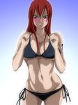  1girl bikini black_eyes black_swimsuit blush breasts cahlacahla cleavage erza_scarlet fairy_tail gradient gradient_background large_breasts long_hair looking_at_viewer red_hair side-tie_bikini solo standing sweat swimsuit tattoo wet 