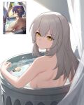  1girl aether_(genshin_impact) bare_back breasts character_doll commentary company_connection completely_nude crossover dr._ratio_(honkai:_star_rail) english_commentary from_behind genshin_impact grey_hair hair_between_eyes highres honkai:_star_rail honkai_(series) in_water long_hair looking_at_viewer looking_back mihoyo mockingeu nude sideboob sidelocks solo stelle_(honkai:_star_rail) trailblazer_(honkai:_star_rail) trash_can yellow_eyes 