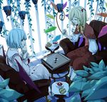  armchair blonde_hair blue_hair blurry board_game boots capelet chair chin_rest closed_eyes cookie cross-laced_footwear cup depth_of_field drink flandre_scarlet food hair_ribbon hanging_plant leaf multiple_girls neck_ribbon no_hat no_headwear plant playing_games potted_plant red_eyes remilia_scarlet reversi ribbon sakuraba_yuuki saucer short_hair siblings side_ponytail sisters sitting skirt skirt_set spoon table teacup touhou wings 