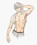  1boy abs black_male_underwear blue_eyes gojou_satoru grey_pants highres jujutsu_kaisen male_underwear muscular muscular_male pants pectorals satsuki_g solo topless_male towel underwear upper_body wet white_hair 