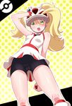  :o bad_id bad_pixiv_id bare_shoulders bicycle_helmet bike_shorts blonde_hair blush breasts cameltoe fingerless_gloves from_below gloves green_eyes helmet koruni_(pokemon) matanonki miniskirt open_mouth poke_ball pokemon pokemon_(game) pokemon_xy skirt small_breasts solo tri_tails 