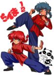  1girl 3boys black_eyes black_hair braid breasts chinese_clothes clenched_hands commentary_request dual_persona enfrl_0725 fighting_stance korean_commentary medium_breasts multiple_boys p-chan panda pig ranma-chan ranma_1/2 red_hair saotome_genma_(panda) saotome_ranma serious single_braid standing standing_on_one_leg 
