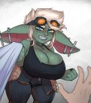  1boy 1girl angry black_nails black_pants black_tank_top blonde_hair blue_eyes breasts cleavage clenched_hand clenched_teeth colored_sclera colored_skin ear_piercing earrings eyewear_on_head female_goblin goblin green_skin grey_background highres huge_breasts huge_ears jewelry looking_at_viewer medium_hair menacing necklace original pants piercing pointy_ears pov pov_hands shirt shirt_grab shortstack slit_pupils tank_top teeth weaponized_thickness white_hair white_shirt yellow_sclera 