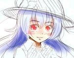  blue_hair blush hat hinanawi_tenshi long_hair looking_at_viewer partially_colored red_eyes sketch solo taka_(taka_wo_kukuru) touhou upper_body 