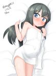  1girl absurdres asashio_(kancolle) bare_shoulders black_hair blue_eyes cowboy_shot dated flat_chest highres kantai_collection long_hair looking_at_viewer lying maru_(marg0613) naked_towel one-hour_drawing_challenge solo towel twitter_username 