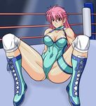  blue_leotard boots breasts cleavage large_breasts leotard long_hair mighty_yukiko pink_hair purple_eyes sitting smile solo spread_legs taroimo_(00120014) wrestle_angels wrestle_angels_survivor wrestling_outfit wrestling_ring wristband 
