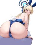  1girl absurdres animal_ears ass ass_focus back backless_leotard blonde_hair blue_archive blue_eyes blue_leotard breasts cameltoe closed_mouth earpiece fake_animal_ears fake_tail from_behind halo highres leaning_forward leotard looking_back medium_breasts mochitsuki_karen rabbit_ears rabbit_tail sitting smile solo tail toki_(blue_archive) toki_(bunny)_(blue_archive) wrist_cuffs 