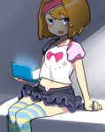 1girl alice_margatroid blonde_hair blue_eyes blue_thighhighs blush commentary_request cookie_(touhou) feet_out_of_frame flat_chest frilled_hairband frilled_skirt frills grey_skirt hairband handheld_game_console highres holding holding_handheld_game_console holding_stylus kakusou looking_at_viewer medium_bangs midriff miniskirt navel nintendo_ds open_fly open_mouth panties panty_peek pink_hairband pink_panties pink_shirt puffy_short_sleeves puffy_sleeves raglan_sleeves shirt short_hair short_sleeves sitting skirt solo striped striped_thighhighs stylus taisa_(cookie) thighhighs touhou underwear white_shirt yellow_thighhighs 