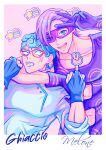  2boys :d absurdres anger_vein arm_around_neck blue_eyes blue_gloves blue_hair border censored_finger censored_gesture character_name clenched_teeth constricted_pupils curly_hair earrings fingerless_gloves ghiaccio glasses gloves half-closed_eye highres jewelry jojo_no_kimyou_na_bouken long_sleeves looking_at_another looking_at_viewer male_focus mask melone middle_finger multiple_boys open_mouth pink_background purple_gloves purple_hair purple_mask purple_shirt rabbit red-framed_eyewear remiii_888 shirt short_hair simple_background smile star_(symbol) star_sticker sticker stud_earrings teeth upper_body v_over_head vento_aureo white_border white_shirt 