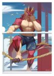 abs anthro biceps biped black_claws black_sclera blue_eyes claws clothing cloud fangs fingers foot_on_ropes fur hair hand_on_jaw hi_res holding_railing horn looking_at_viewer male markings multicolored_body ninety_xc outside pecs pink_body pink_fur pink_hair pink_tail sky smile smiling_at_viewer solo standing swimming_trunks swimwear tail teeth tuft two_tone_body two_tone_tail white_body white_fur white_tail yellow_horn