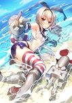  anchor anchor_hair_ornament arm_support beach black_panties blonde_hair blush elbow_gloves full-face_blush gloves hair_ornament hairband kantai_collection lifebuoy long_hair looking_at_viewer panties partially_submerged rensouhou-chan ryuji_(ikeriu) shimakaze_(kantai_collection) skirt solo striped striped_legwear thighhighs torn_clothes torn_legwear underwear water white_gloves yellow_eyes 