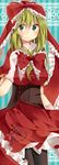  bow breasts corset dress frills front_ponytail gloves green_eyes green_hair hair_bow hair_ribbon kagiyama_hina large_breasts pantyhose ribbon smile solo tamagogayu1998 touhou 