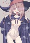  1girl ass_visible_through_thighs breasts cloak commentary hat heart little_witch_academia long_hair navel nude pale_skin pussy pussy_juice ribs sagging_breasts sharp_teeth skinny small_breasts solo sucy_manbavaran teeth tongue tongue_out urin witch witch_hat 