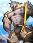 abs anthro biceps big_biceps big_muscles black_claws black_sclera black_tongue blush blush_lines brown_body brown_fur brown_nose brown_tail canid canine canis claws cloud domestic_dog fur hand_on_hip harness hi_res magangz male mammal muscular muscular_anthro muscular_arms muscular_legs muscular_male muscular_thighs nipples outside pecs sky solo tail teeth tongue tongue_out tuft white_body white_fur yellow_eyes yellow_harness