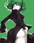 1girl artist_name ass black_dress breasts closed_mouth dress from_behind green_background green_eyes green_hair green_theme highres long_sleeves looking_at_viewer looking_back medium_breasts missfaves one-punch_man short_hair side_slit solo tatsumaki v-shaped_eyebrows 