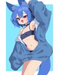  1girl absurdres animal_ears bikini black_bikini blue_hair blue_hoodie border commentary cowboy_shot flat_chest fox_ears fox_tail highres hood hoodie looking_at_viewer miya_(myakuro) myakuro navel open_clothes open_hoodie open_mouth original oversized_clothes partially_unzipped red_eyes short_hair simple_background sleeves_past_fingers sleeves_past_wrists smile solo swimsuit tail tsurime white_border 