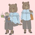 anthro badger bear beverage clothed clothing container cup dating drinking_straw duo ekaki510 female footwear high_heels japanese_badger kemono larger_female male mammal meles mustelid musteline size_difference smaller_male