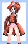  brown_eyes brown_hair condom condom_in_mouth fingerless_gloves gloves guilty_gear hat long_hair may_(guilty_gear) mouth_hold orange_hat orange_shirt panties pink_panties pirate_hat ponytail saba_kan shirt smile solo underwear very_long_hair 