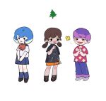  1boy 2girls :3 animal_crossing bea_(animal_crossing) black_eyes black_footwear black_shirt blue_hair blue_sailor_collar blue_skirt blue_socks bob_(animal_crossing) bob_cut bow bowtie brown_hair bug butterfly closed_mouth colored_sclera commentary denim dotted_line finger_to_own_chin floral_print freckles full_body grey_footwear half-closed_eyes highres humanization jeans kneehighs lineup low_twintails mitzi_(animal_crossing) multicolored_hair multiple_girls oko_da_yo open_mouth orange_shorts own_hands_clasped own_hands_together pants pine_tree pleated_skirt print_shirt purple_hair red_bow red_bowtie red_shirt sailor_collar school_uniform serafuku shirt shoes short_hair short_sleeves shorts simple_background skirt smile sneakers socks symbol-only_commentary tareme tree twintails two-tone_hair v_arms white_background white_hair wide-eyed yellow_sclera 