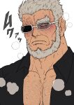  1boy absurdres adam&#039;s_apple bara beard blush breath burn_scar chest_hair chun_(luxtan) collared_shirt facial_hair glasses grey-framed_eyewear grey_hair highres kuroda_hyoue large_pectorals looking_at_viewer male_focus mature_male meitantei_conan muscular muscular_male old old_man opaque_glasses partially_opaque_glasses pectoral_cleavage pectorals rectangular_eyewear scar shirt short_hair solo sweat thick_beard thick_eyebrows thick_neck upper_body very_sweaty 