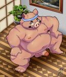 2023 anthro balls belly big_belly detailed_background erection genitals inside kemono male mammal moobs navel nipples overweight overweight_male penis solo suid suina sus_(pig) wild_boar zkottw