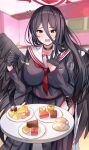  1girl absurdres black_choker black_gloves black_hair black_serafuku black_skirt black_thighhighs black_wings blue_archive blush breasts cake cake_slice choker cup feathered_wings feet_out_of_frame food fork gloves halo hasumi_(blue_archive) highres holding holding_fork large_breasts long_hair long_sleeves looking_at_viewer mi_taro333 mole mole_under_eye neckerchief open_mouth pleated_skirt red_eyes red_halo red_neckerchief sailor_collar school_uniform serafuku skirt solo thighhighs very_long_hair white_sailor_collar wings 