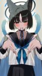  1girl animal_ears black_eyes black_hair black_sailor_collar black_skirt blue_archive blue_neckerchief blush cat&#039;s_cradle cat_ears cat_tail closed_mouth collarbone highres kikurage_tom. kikyou_(blue_archive) long_sleeves looking_at_viewer multiple_tails neckerchief pleated_skirt sailor_collar school_uniform serafuku short_hair skirt solo tail two_tails 