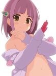  1girl arched_bangs breasts brown_eyes cardigan closed_mouth gloves hair_ornament hairclip highres kurakuru lacey_(pokemon) long_sleeves looking_at_viewer navel nude pokemon pokemon_sv purple_cardigan red_gloves short_hair single_glove small_breasts smile solo white_background 
