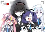  4girls :d ^_^ animal_ears aura bent_v black_coat black_hair black_halo blonde_hair blue_archive blue_necktie blush closed_eyes closed_mouth coat collar dark_aura evil_smile hair_behind_ear hair_ornament hairpin halo headgear heart heart_hands highres jacket korean_commentary koyuki_(blue_archive) koyuki_(bunny)_(blue_archive) looking_at_viewer mannungei mechanical_halo multicolored_hair multiple_girls necktie noa_(blue_archive) nontraditional_playboy_bunny official_alternate_costume official_alternate_hairstyle open_mouth pink_eyes pink_hair pink_halo purple_eyes purple_hair rabbit_ears recording red_eyes rio_(blue_archive) seminar_(blue_archive) shaded_face shirt smile streaked_hair sweat twintails viewfinder white_collar white_hair white_halo white_shirt yuuka_(blue_archive) 