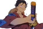  1boy akr29 black_eyes black_hair closed_mouth hat hat_on_back highres holding holding_sword holding_weapon japanese_clothes katana kimono looking_ahead male_focus monkey_d._luffy mouth_hold one_piece pectoral_cleavage pectorals red_kimono scar scar_on_cheek scar_on_face sheath short_hair simple_background solo stalk_in_mouth straw_hat sword unsheathing upper_body weapon white_background wind wind_lift 