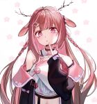  1girl animal_ears black_choker black_jacket braid brown_hair choker crop_top deer_ears exitus flower-shaped_pupils headset highres jacket kannazuki_lubee long_hair multicolored_hair open_clothes open_jacket open_mouth pink_eyes pink_hair side_braids solo streaked_hair symbol-shaped_pupils teacup_1121 very_long_hair virtual_youtuber 