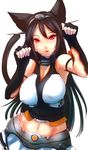  animal_ears bare_shoulders black_hair breasts cat_ears cat_tail cleavage dearmybrothers headgear highres kantai_collection kemonomimi_mode large_breasts long_hair looking_at_viewer midriff miniskirt nagato_(kantai_collection) navel open_mouth paw_pose pleated_skirt red_eyes simple_background skirt solo tail white_background 