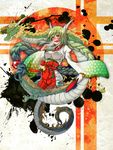  2012 bell blush dragon dragon_girl dragon_horns green_hair higurashi_aki horns japanese_clothes jewelry kimono long_hair necklace new_year open_mouth original solo very_long_hair yellow_eyes 