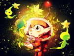  1girl :o backpack bag black_background black_eyes blue_eyes buttons colored_skin commentary_request eyelashes feet_out_of_frame flower ghost_tail gloves glow_pikmin glowing green_skin helmet jumpsuit light_blush looking_at_another outstretched_hand parted_lips petals pikmin_(creature) pikmin_(series) pikmin_4 pointy_ears radio_antenna red_bag red_hair red_jumpsuit red_light rescue_officer_(pikmin) shirushiki short_hair solid_circle_eyes space_helmet spacesuit triangle whistle white_gloves yellow_flower 